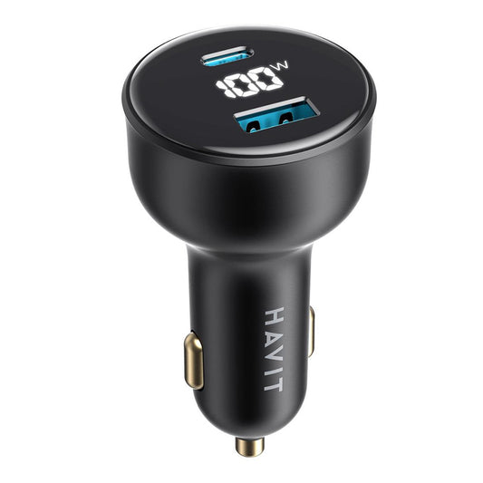 HAVIT CC100W Display Car Charger, 100W, 5A, 1 x USB-A - 1 x USB-C, Black