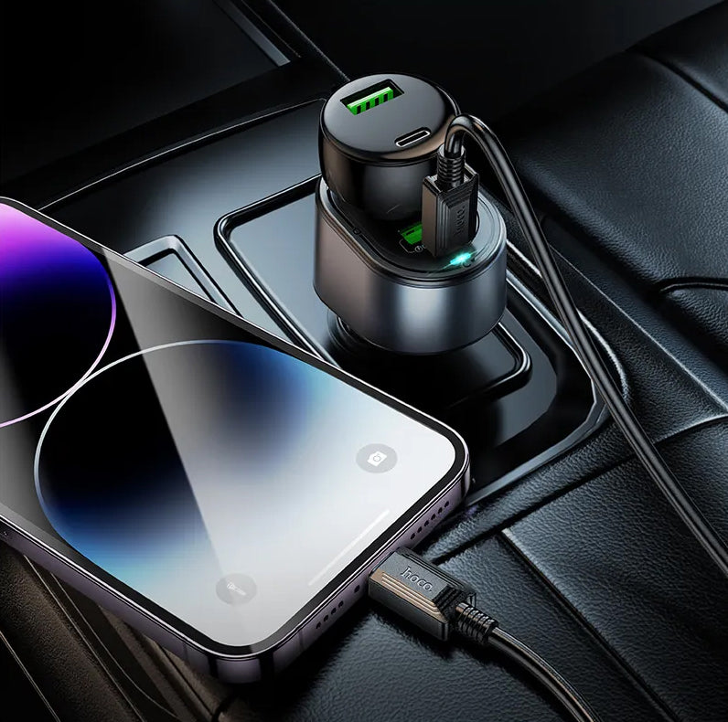 HOCO Z56 Car Charger, 35W, 3A, 1 x USB-A - 1 x USB-C - 1 x Cigarette Lighter Extension, Black