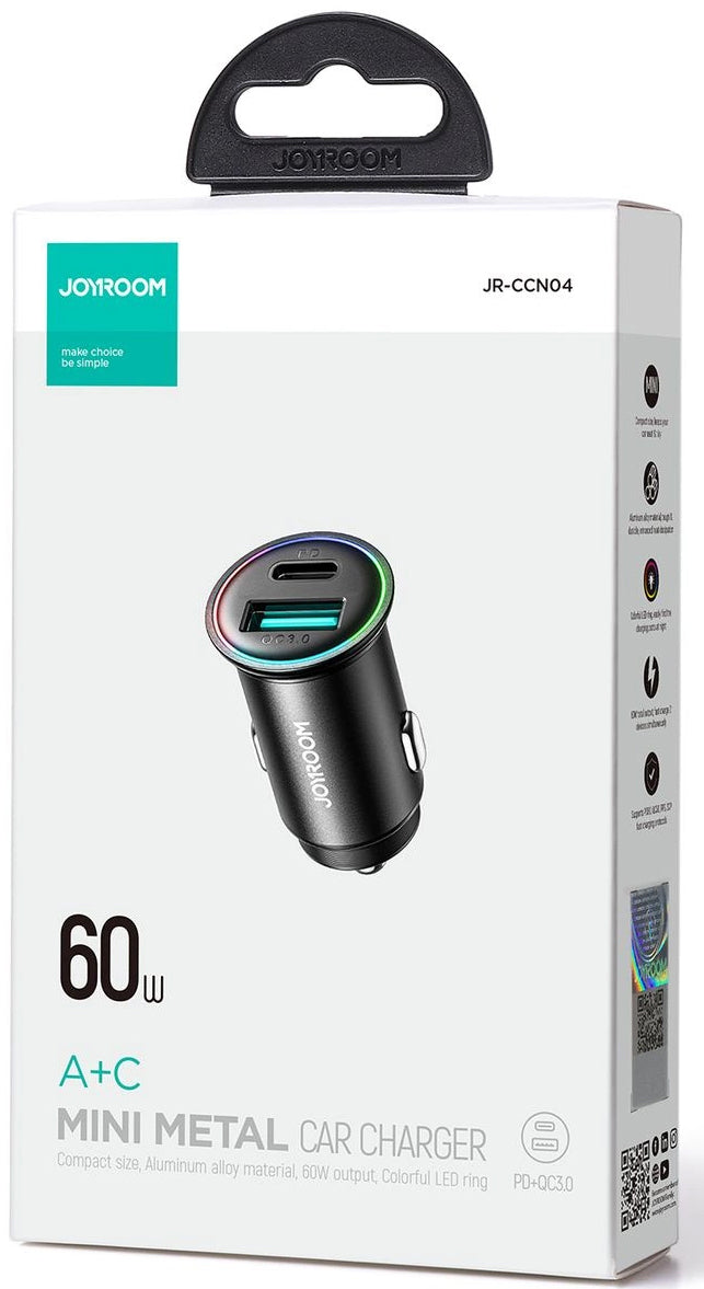 Joyroom JR-CCN04 Car Charger, 60W, 3A, 1 x USB-A - 1 x USB-C, Black