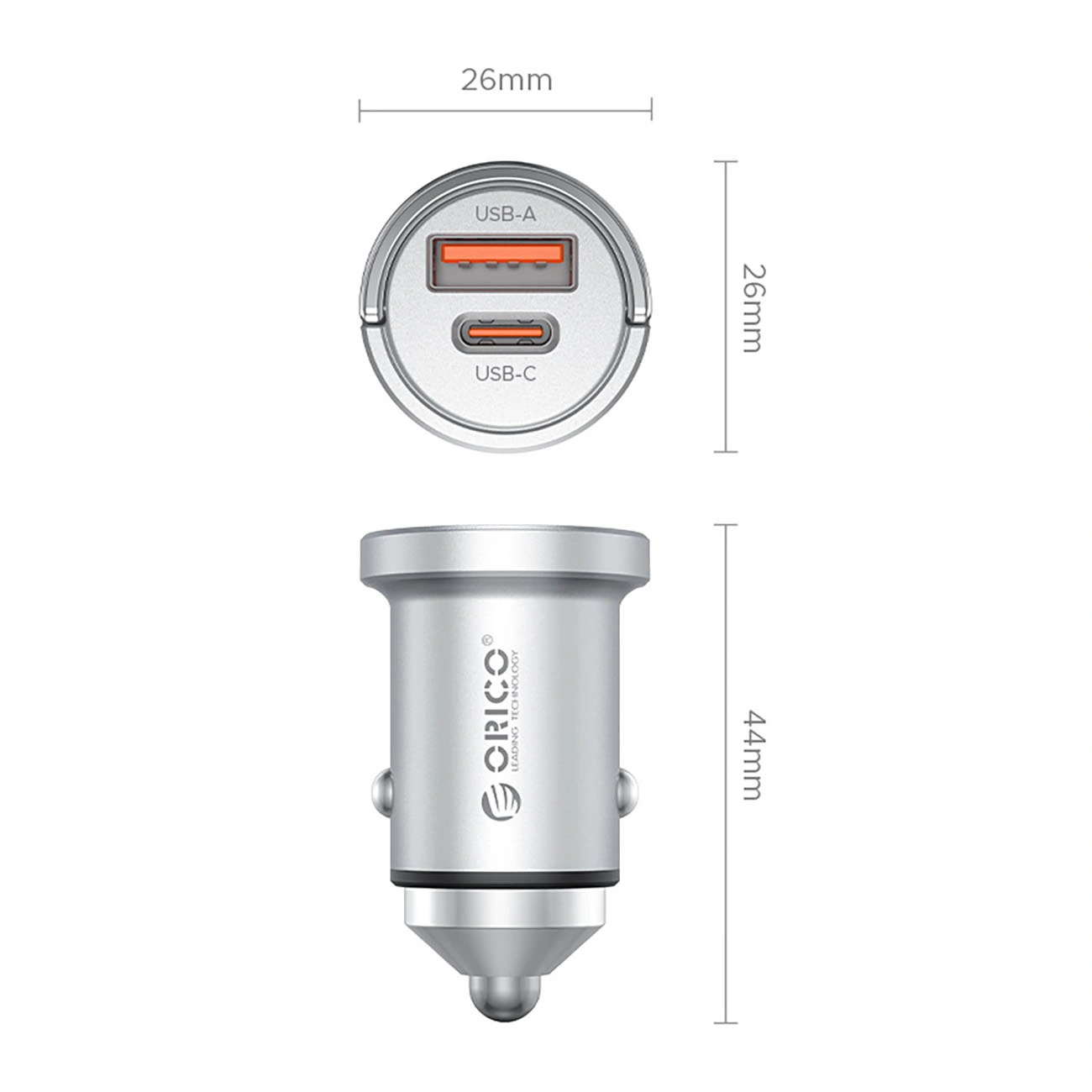 Orico MiniRing Pro Car Charger, 45W, 3A, 1 x USB-A - 1 x USB-C, Silver