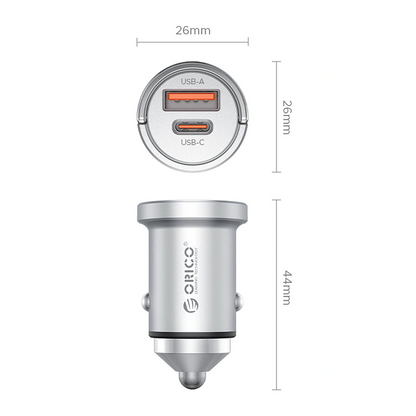 Orico MiniRing Pro Car Charger, 45W, 3A, 1 x USB-A - 1 x USB-C, Silver