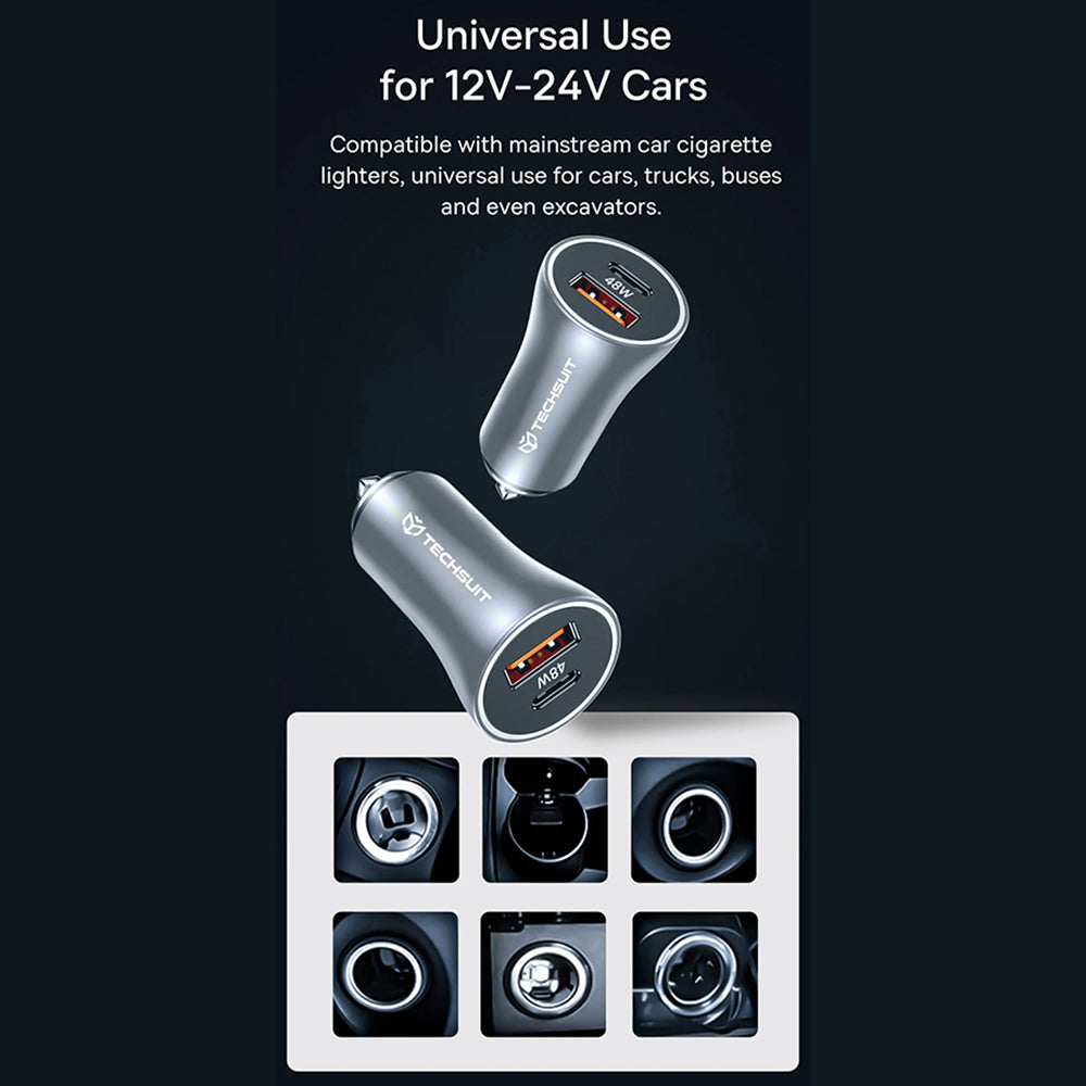 Techsuit C3 RescueVolt Car Charger, 48W, 3A, 1 x USB-A - 1 x USB-C, Gray