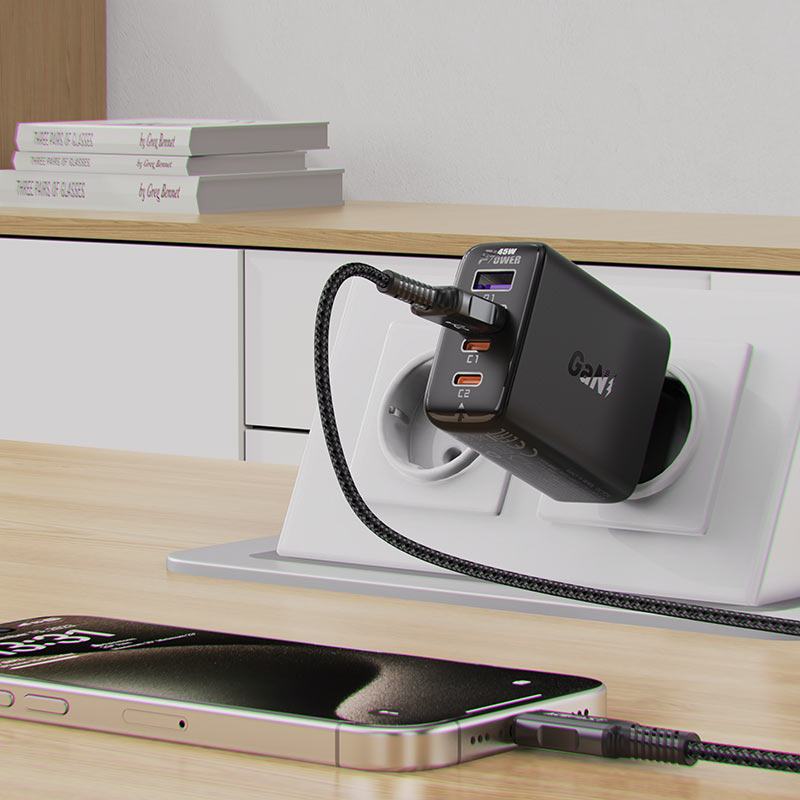 Acefast A61 Network Charger, 45W, 3A, 2 x USB-A - 2 x USB-C, Black