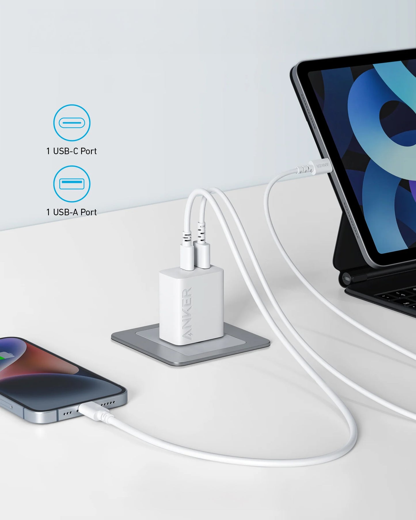 Anker 312 Network Charger, 20W, 3A, 1 x USB-A - 1 x USB-C, White A2348G21 