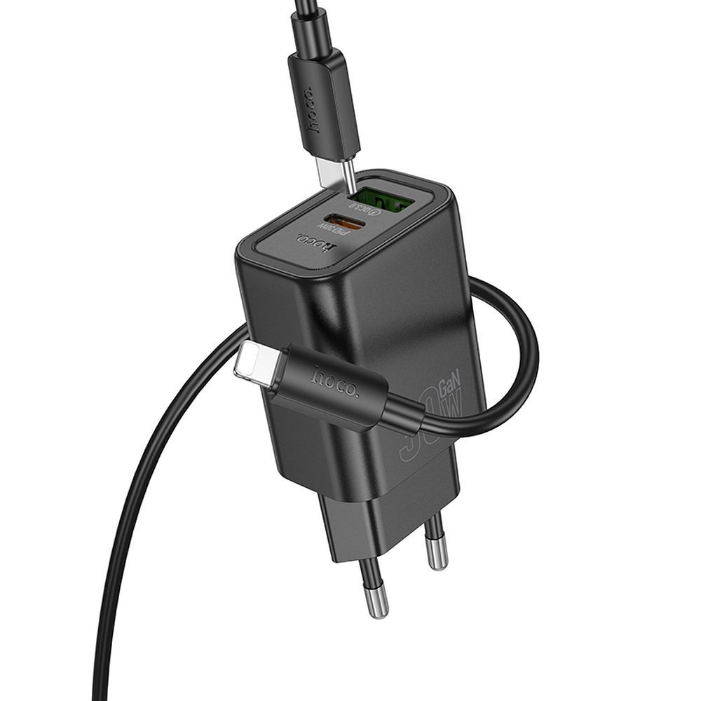 Network Charger with Lightning Cable HOCO N63, 30W, 3A, 1 x USB-A - 1 x USB-C, Black