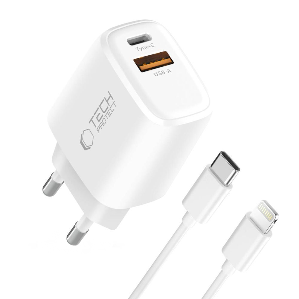 Tech-Protect NCA20 Lightning Cable Wall Charger, 20W, 3A, 1 x USB-A - 1 x USB-C, White