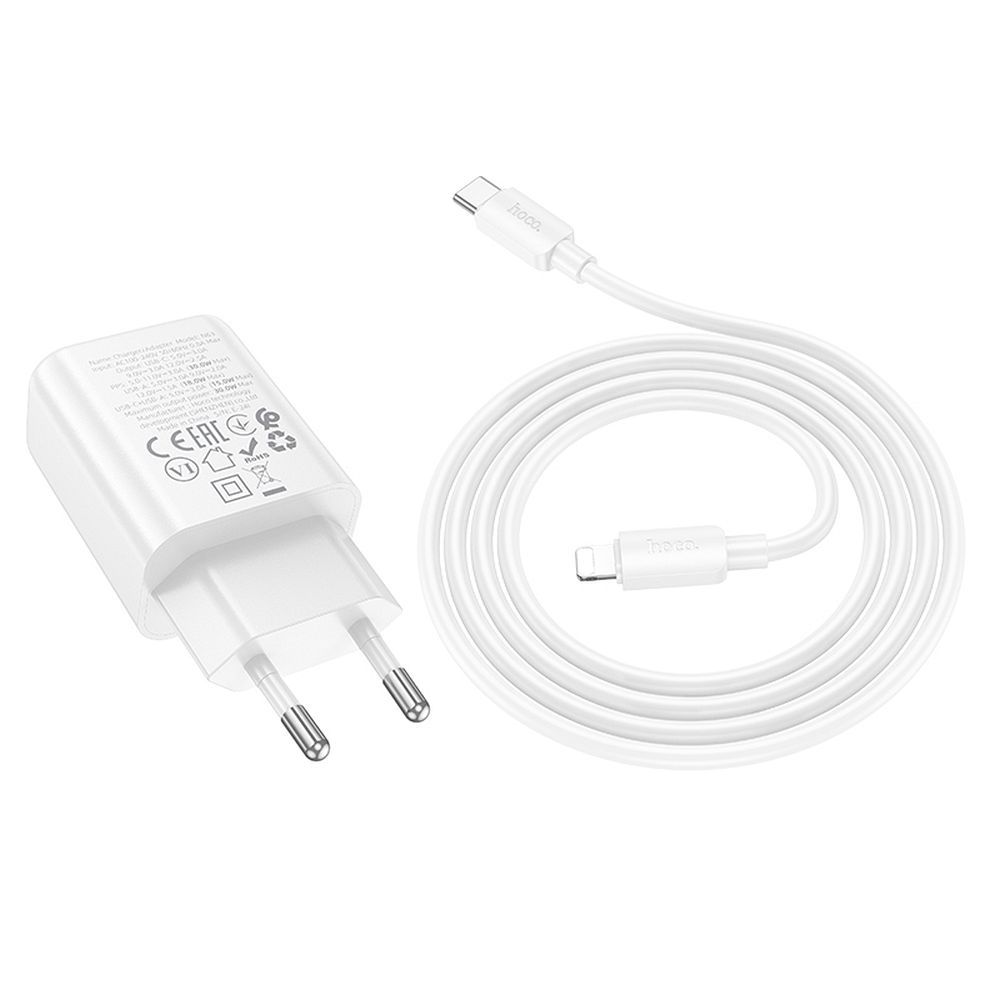 Network Charger with Lightning Cable HOCO N63, 30W, 3A, 1 x USB-A - 1 x USB-C, White