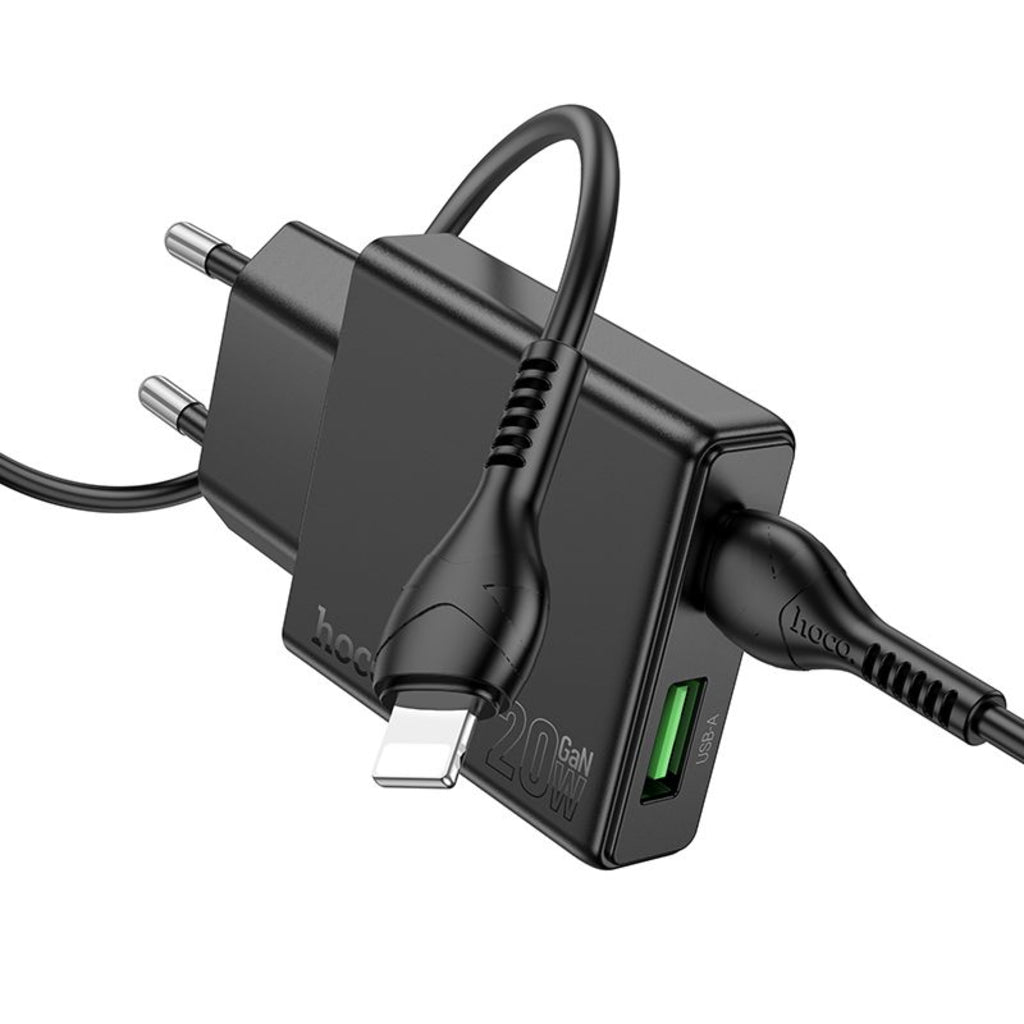 Network Charger with Lightning Cable HOCO N38, 20W, 3A, 1 x USB-A - 1 x USB-C, Black