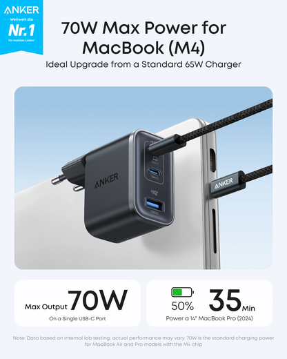Anker Nano USB-C Network Charger with Cable, 70W, 3.5A, 1 x USB-A - 2 x USB-C, Gray B121A311