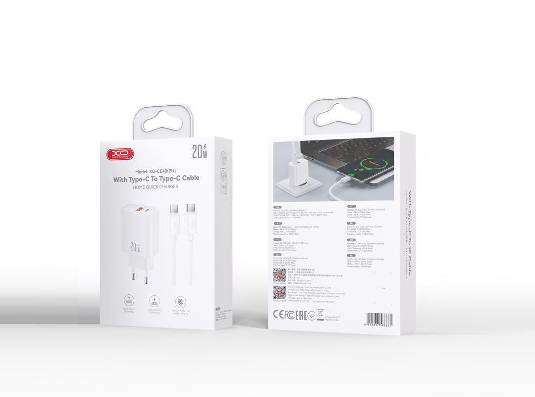 XO Design CE40 USB-C Cable Wall Charger, 20W, 3A, 1 x USB-A - 1 x USB-C, White