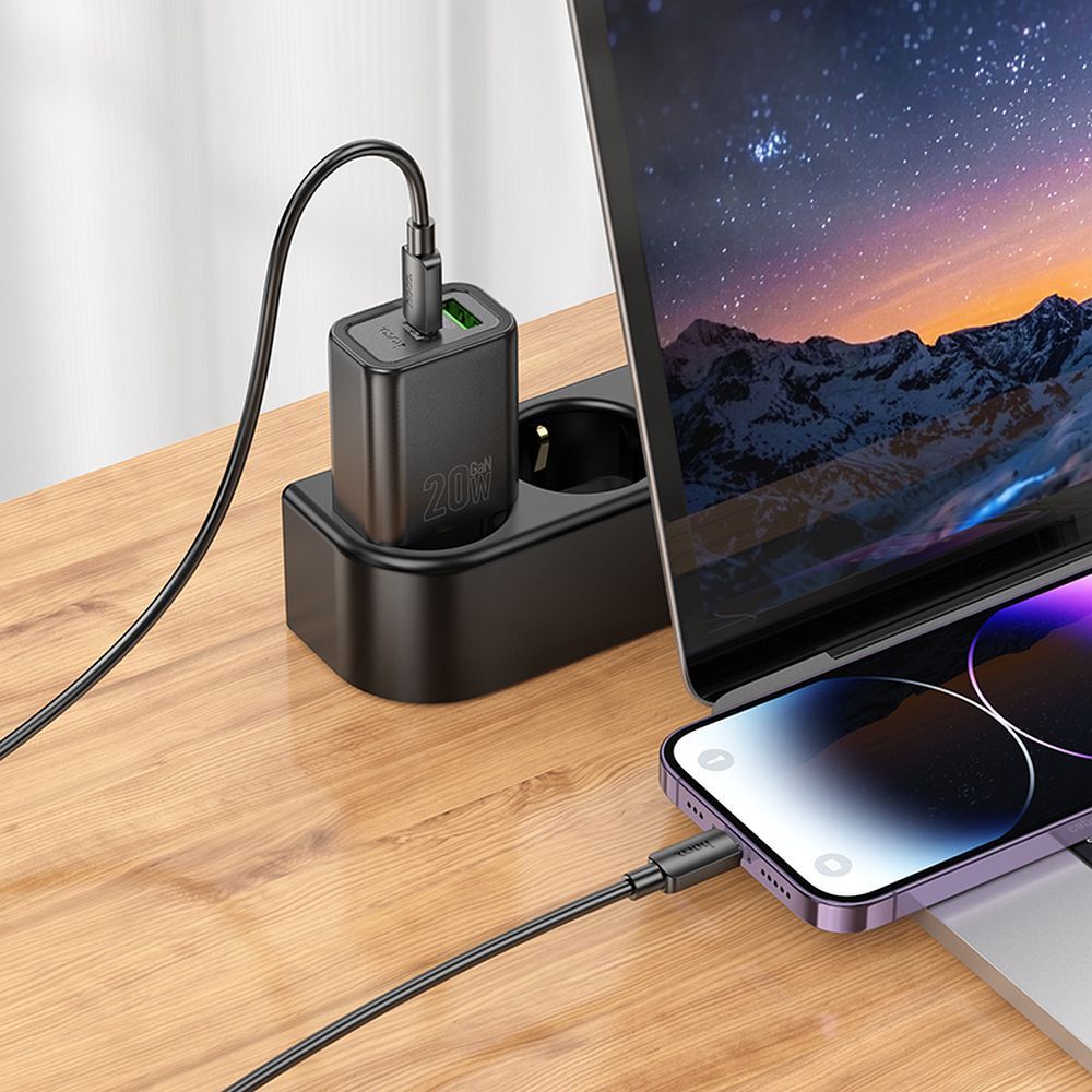 Network Charger with USB-C Cable HOCO N61, 20W, 3A, 1 x USB-A - 1 x USB-C, Black