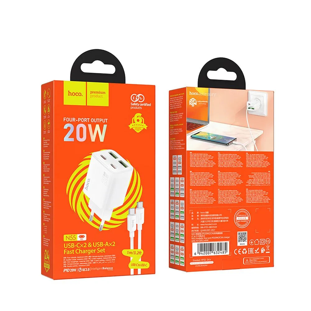 Network Charger with USB-C Cable HOCO N55, 20W, 3A, 2 x USB-A - 2 x USB-C, White