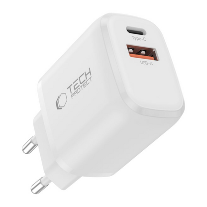 Tech-Protect NCA20 Lightning Cable Wall Charger, 20W, 3A, 1 x USB-A - 1 x USB-C, White