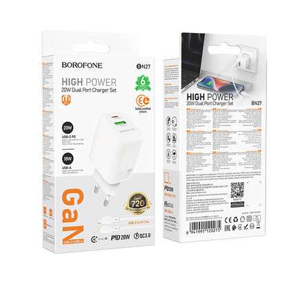 Network Charger with Lightning Cable Borofone BN27 Fuente, 20W, 3A, 1 x USB-A - 1 x USB-C, White