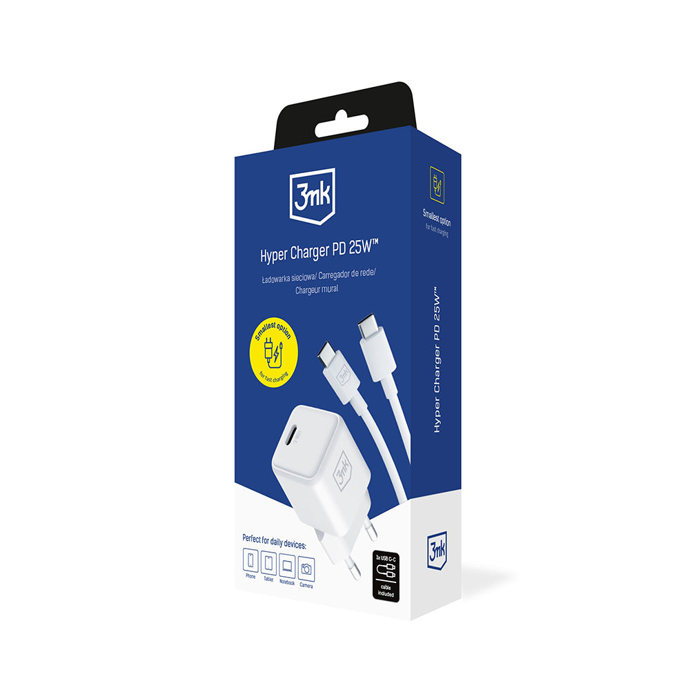 Network Charger with USB-C Cable 3MK Hyper, 25W, 3A, 1 x USB-C, White