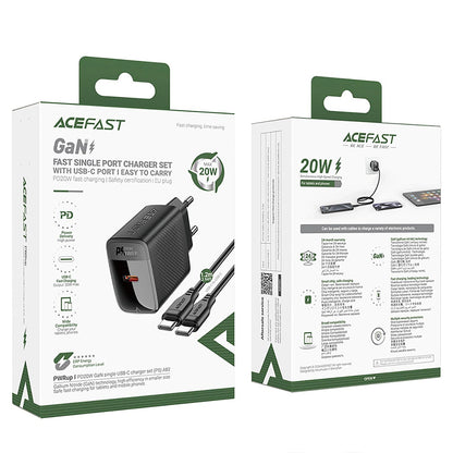 Acefast A82 USB-C Network Charger with Cable, 20W, 3A, 1 x USB-C, Black
