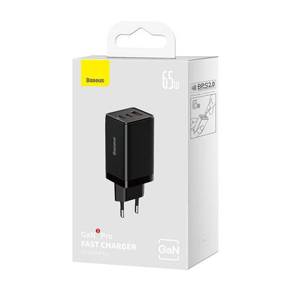 Baseus GaN5 Pro Network Charger with USB-C Cable, 65W, 3.25A, 1 x USB-A - 2 x USB-C, Black C0206500