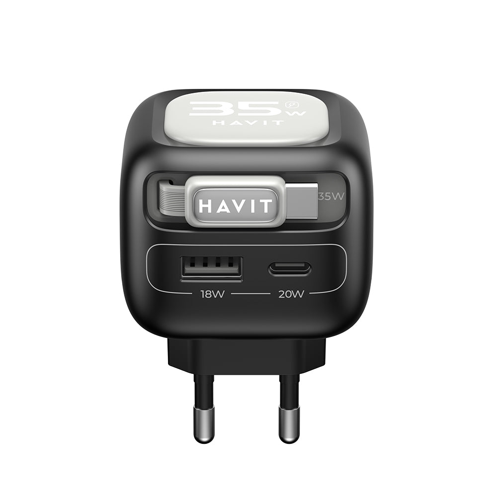 HAVIT UC251 USB-C Network Charger with Cable, 35W, 3A, 1 x USB-A - 1 x USB-C, Black Grey