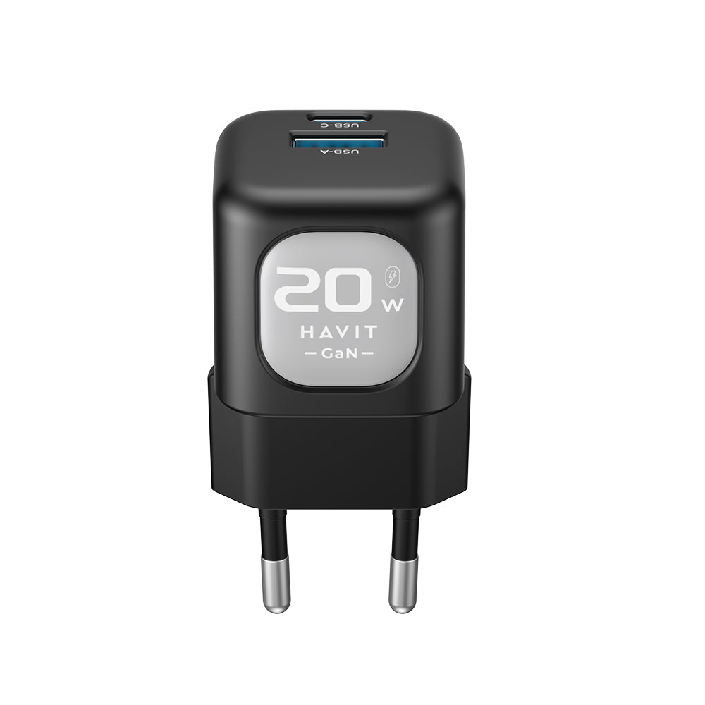 HAVIT UC220 Network Charger, 20W, 3A, 1 x USB-A - 1 x USB-C, Black Grey