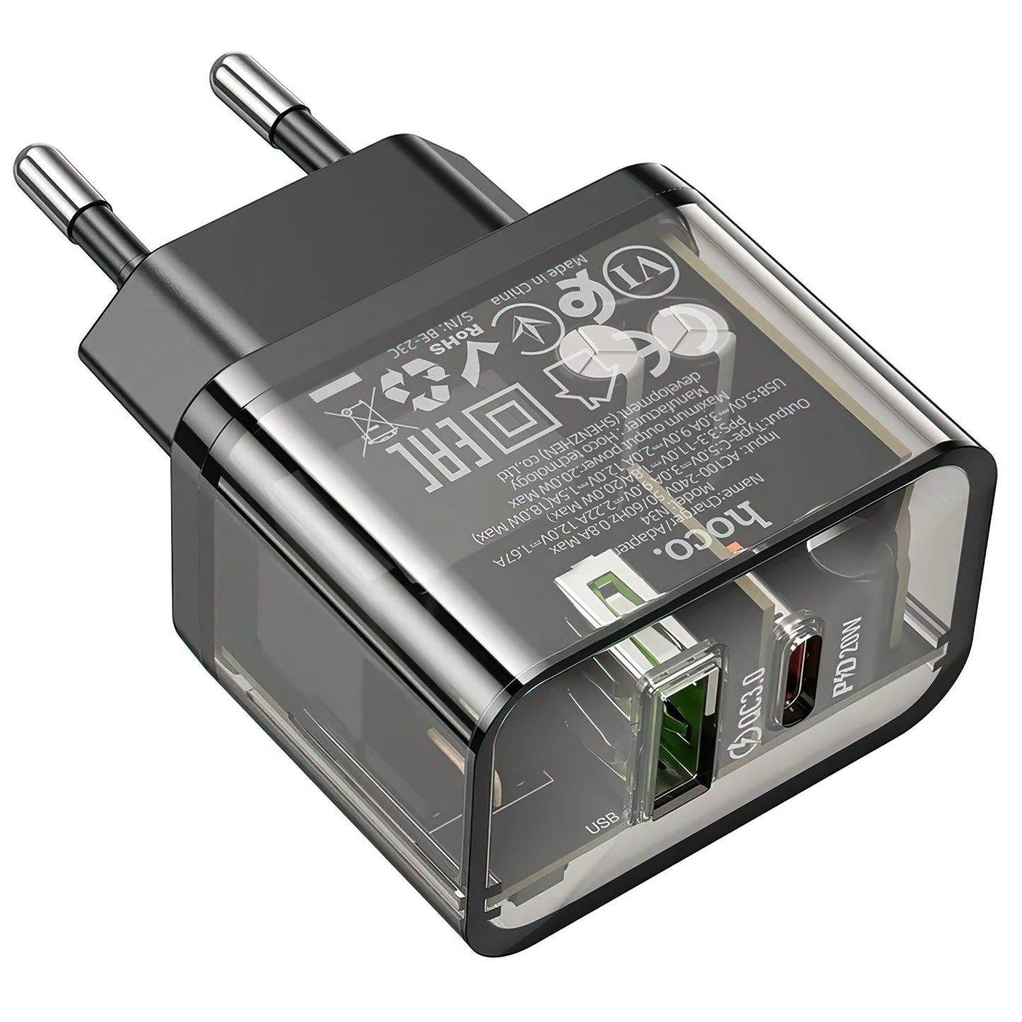 HOCO N34 Network Charger, 20W, 3A, 1 x USB-A - 1 x USB-C, Transparent