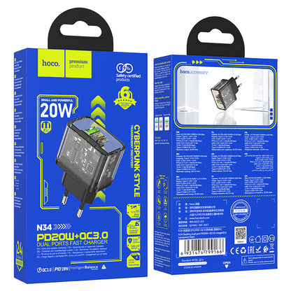 HOCO N34 Network Charger, 20W, 3A, 1 x USB-A - 1 x USB-C, Transparent