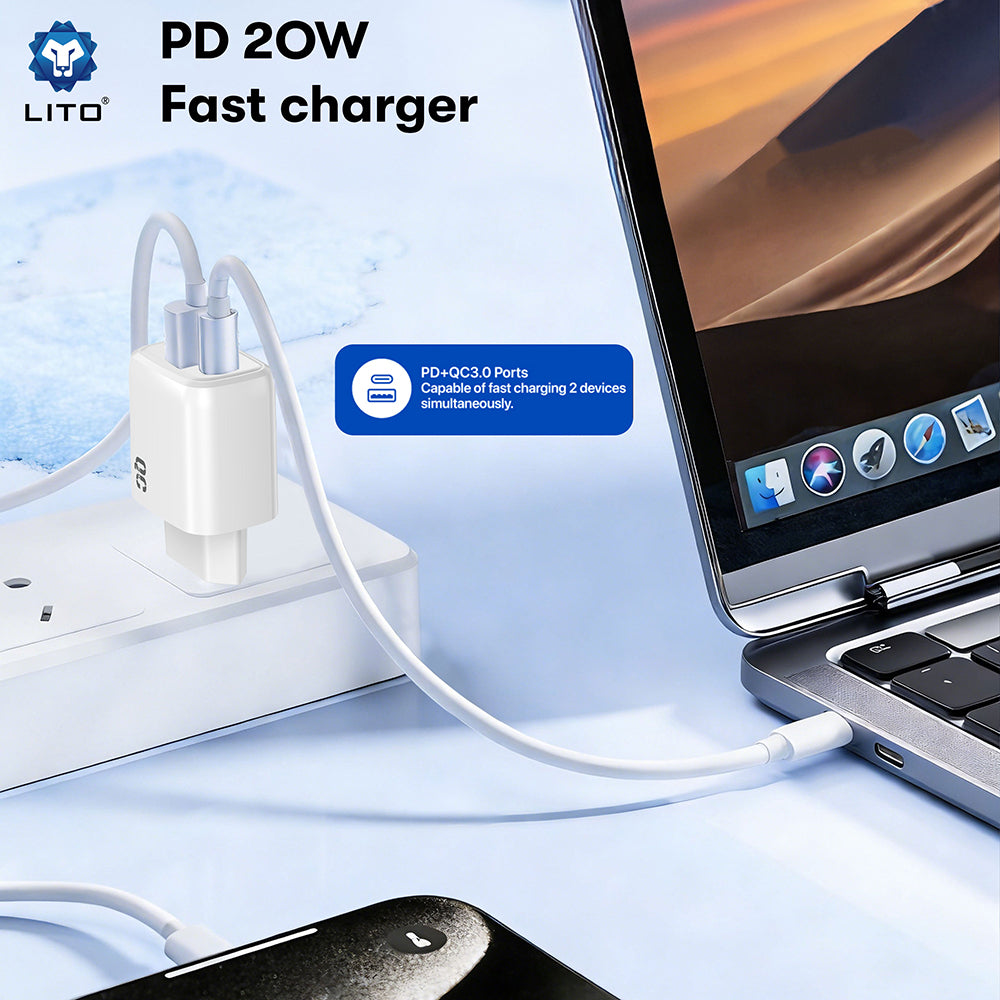 Lito LC28 Network Charger, 20W, 3A, 1 x USB-A - 1 x USB-C, White
