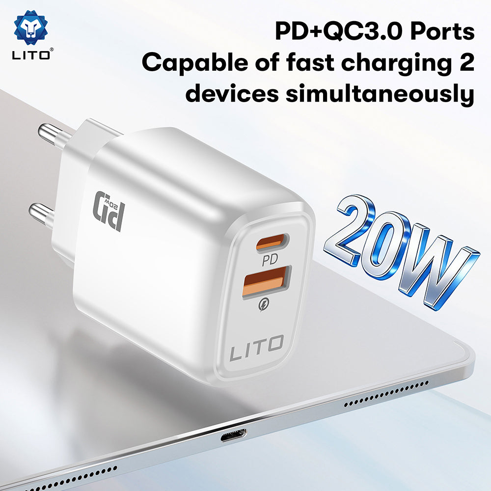 Lito LC28 Network Charger, 20W, 3A, 1 x USB-A - 1 x USB-C, White