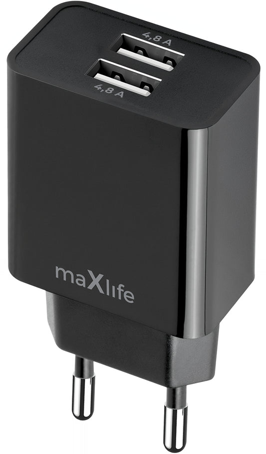 MaXlife MXTC-12 Network Charger, 24W, 2.4A, 2 x USB-A, Black