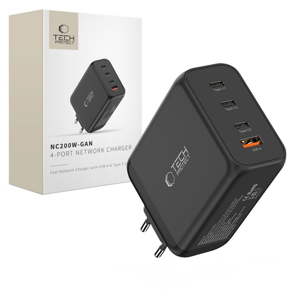 Tech-Protect NC200W-GAN Network Charger, 200W, 5A, 1 x USB-A - 3 x USB-C, Black