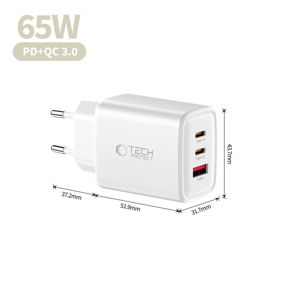 Tech-Protect NCA65W Network Charger, 65W, 3A, 1 x USB-A - 2 x USB-C, White