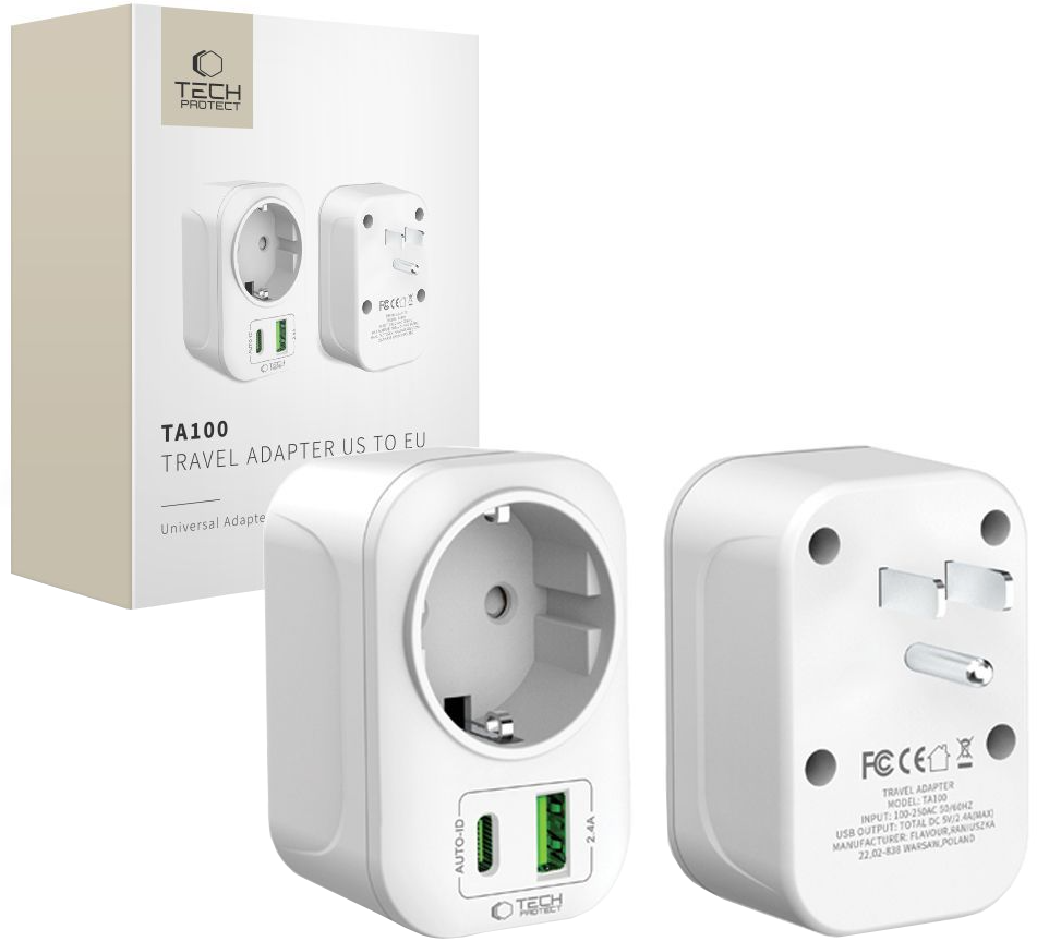 Tech-Protect TA100 Travel US Network Charger, 20W, 3A, 1 x Schuko - 1 x USB-A - 1 x USB-C, White