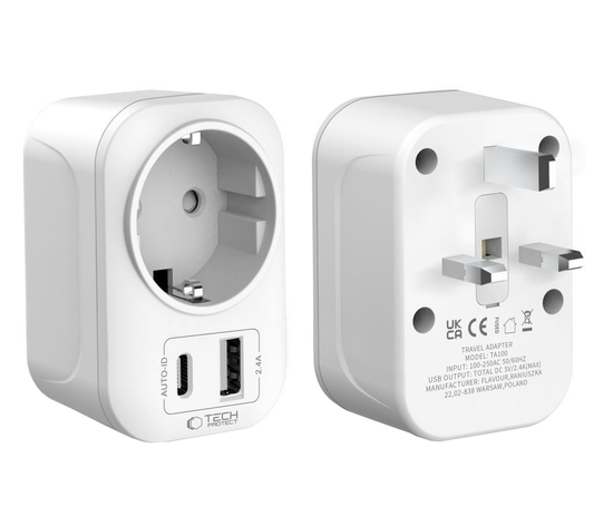 Tech-Protect TA100 Travel UK Network Charger, 20W, 3A, 1 x Schuko - 1 x USB-A - 1 x USB-C, White