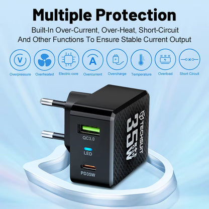 Techsuit CHPD173 Tiny Network Charger, 35W, 3A, 1 x USB-A - 1 x USB-C, Black