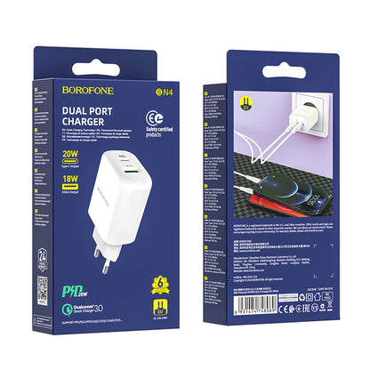Borofone BBN4 Potential Network Charger, 20W, 3A, 1 x USB-A - 1 x USB-C, White