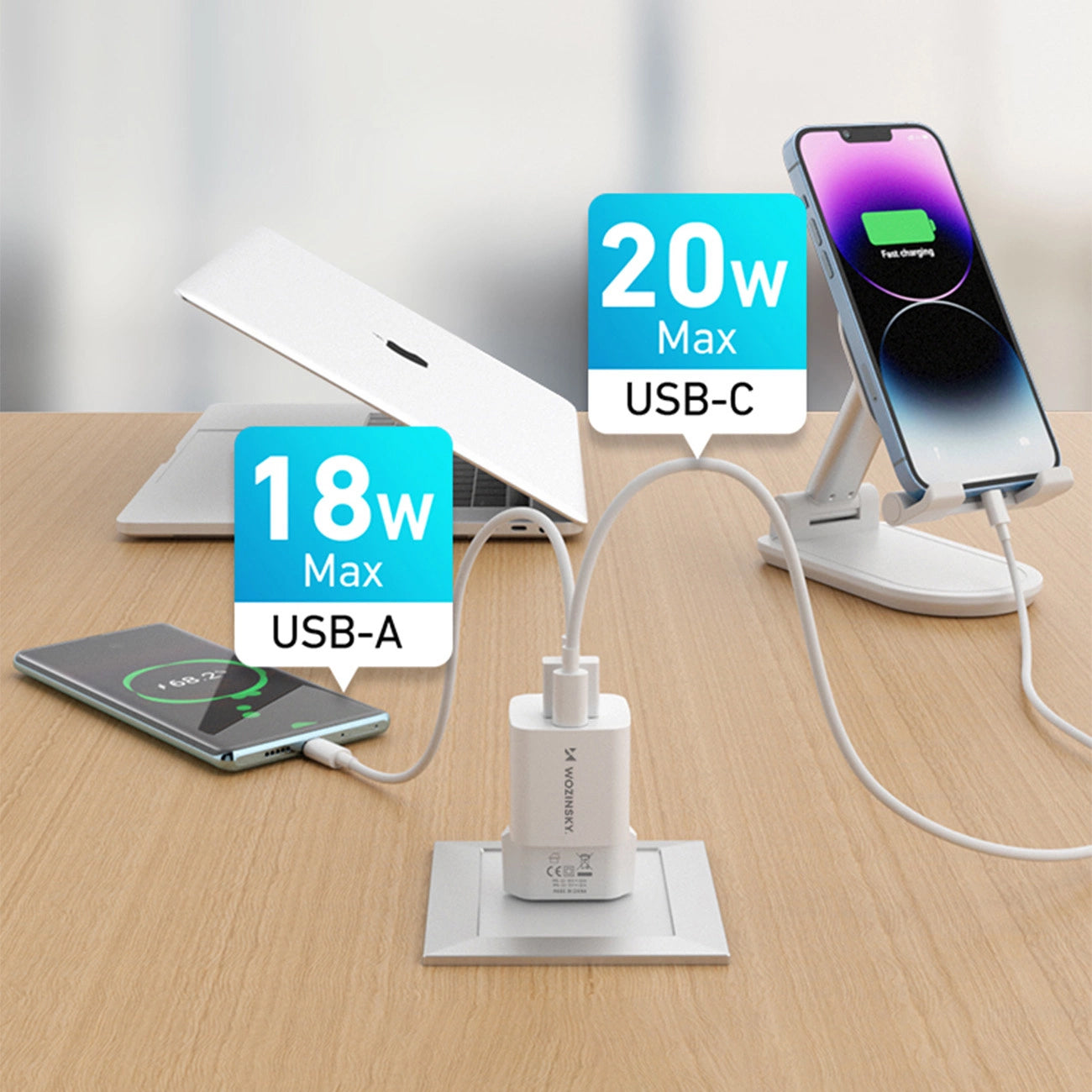 WZK WWCEAC Network Charger, 33W, 3A, 1 x USB-A - 1 x USB-C, White