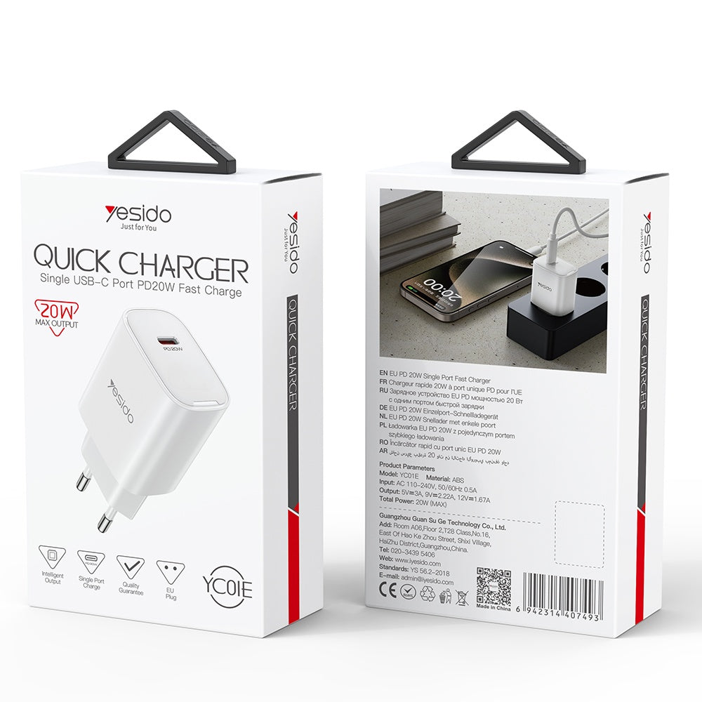 Yesido YC01E Network Charger, 20W, 3A, 1 x USB-C, White