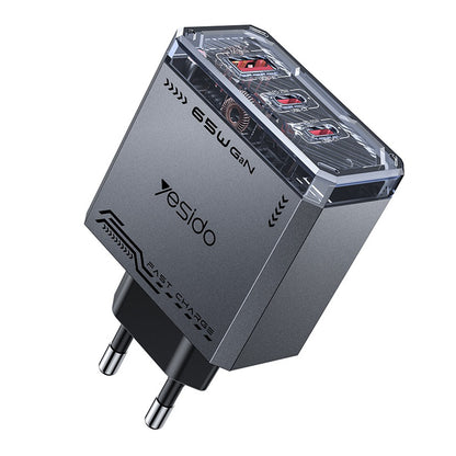 Yesido YC101 Network Charger, 65W, 3.25A, 1 x USB-A - 2 x USB-C, Black