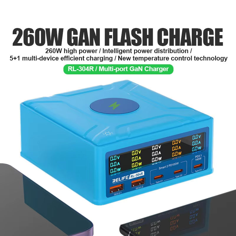 Relife RL-304R QI Charging Station, 260W, 3A, 2 x USB-A - 3 x USB-C, Blue