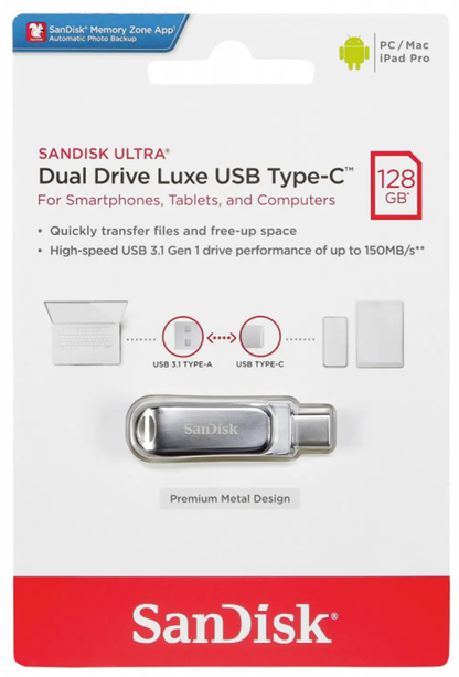 External Memory USB-A 3.2 / USB-C SanDisk Ultra Luxe Dual Drive, 128Gb SDDDC4-128G-G46