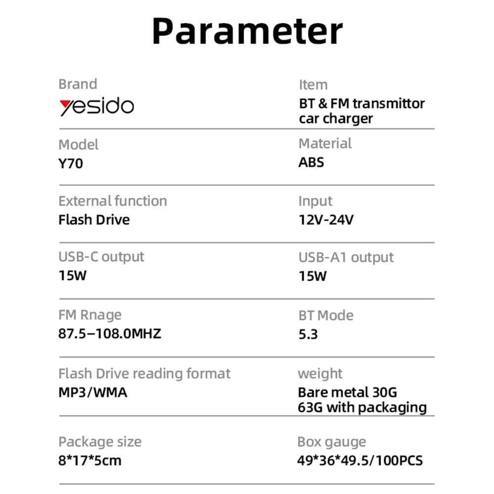 Yesido Y70 Bluetooth FM Modulator, 2 x USB-A - 1 x USB-C