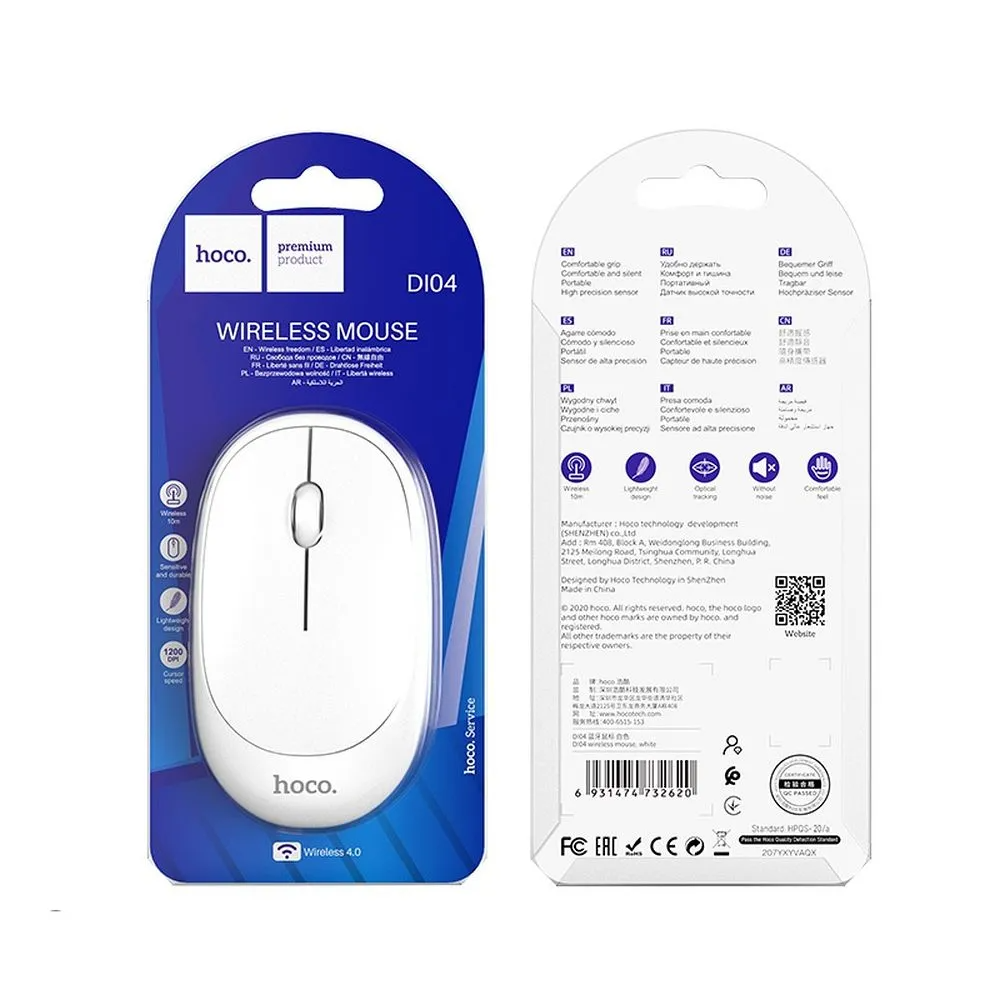 HOCO DI04 Wireless Mouse, 1200DPI, BT / Wi-Fi, White