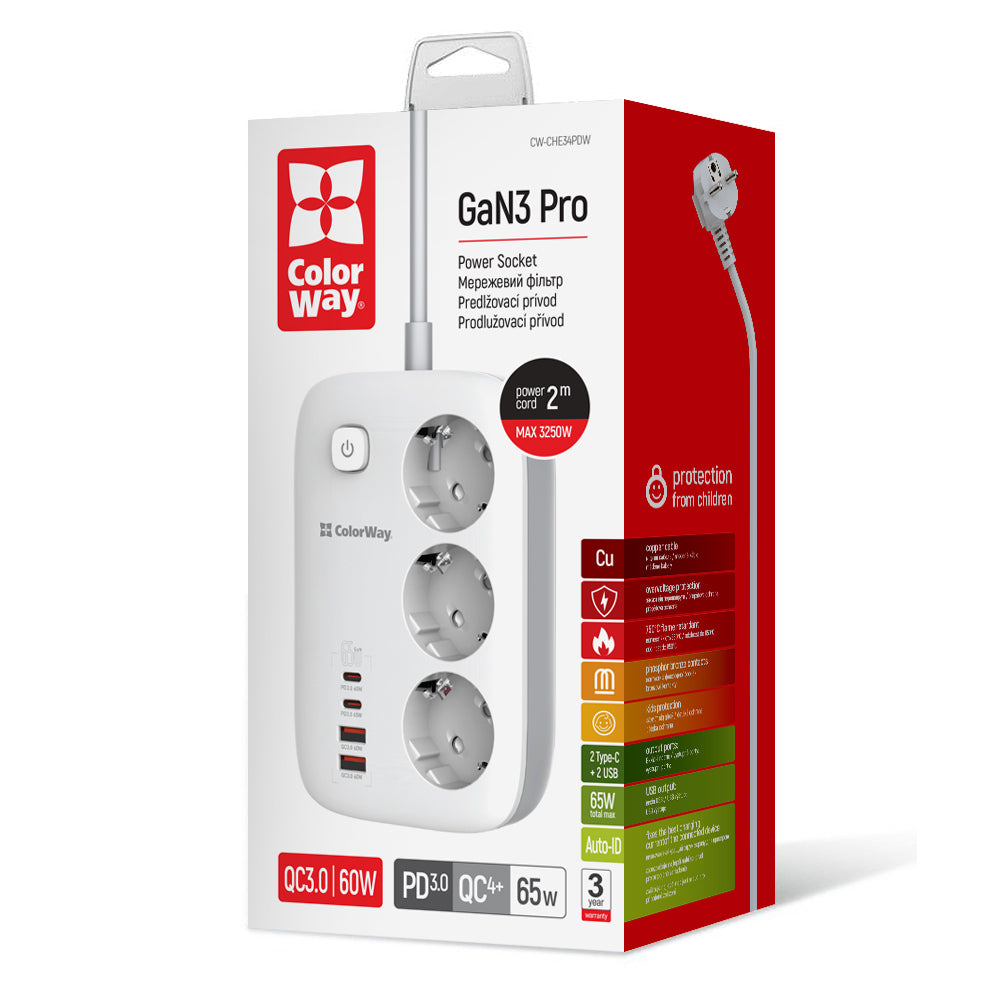 ColorWay Extension Cord, 3 x Schuko, White