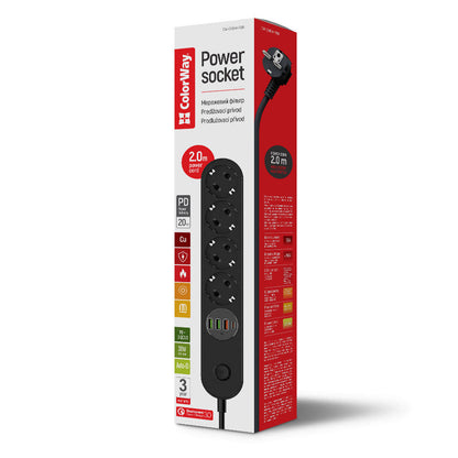 ColorWay Extension Cord, 4 x Schuko, Black