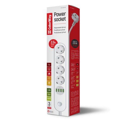 ColorWay Extension Cord, 4 x Schuko, White