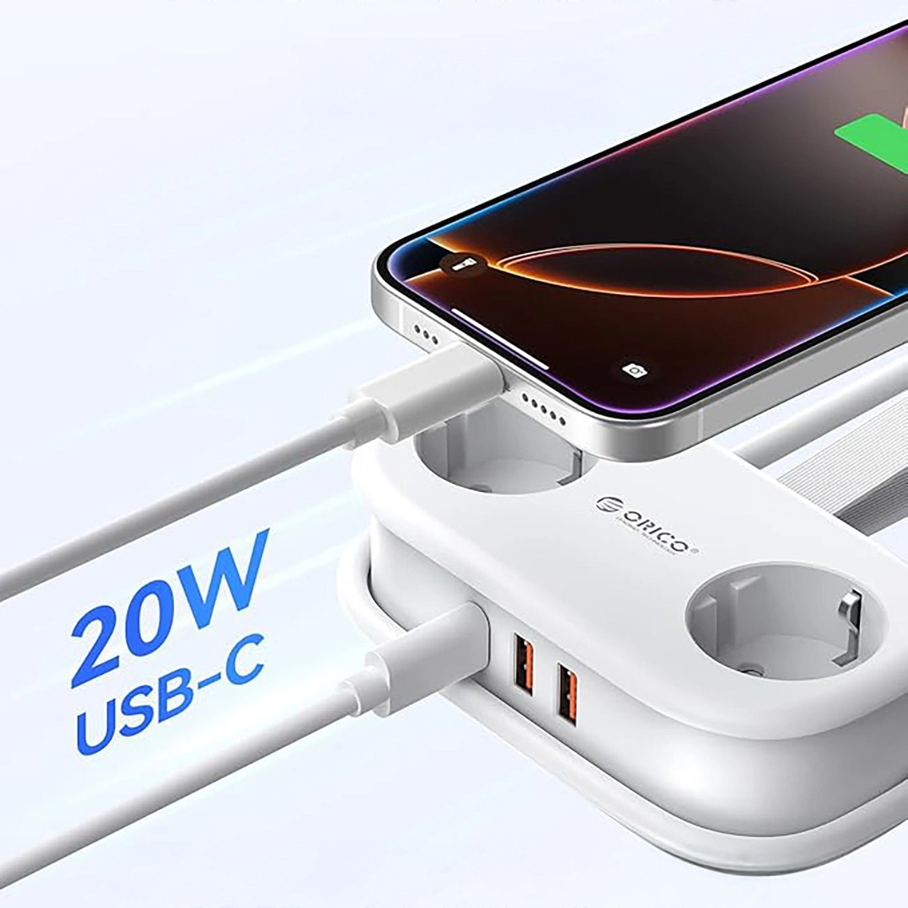 Orico APP Extension Cord, 2 x Schuko - 2 x USB-A - 1 x USB-C, White