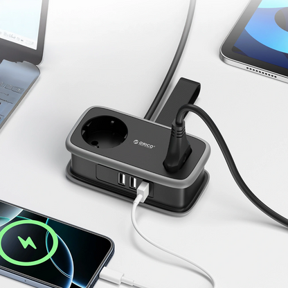Orico APP Extension Cord, 1 x Schuko - 1 x Socket - 2 x USB-A - 1 x USB-C, Black Gray